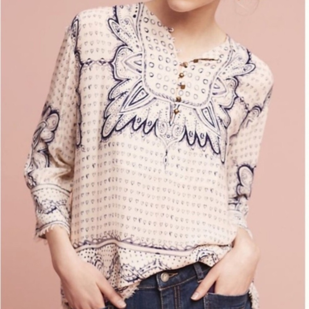 Anthropologie Maeve Morgan Peasant Heart Print Fringe Top